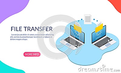 File transfer concept. Two Laptop computers with folders send and upload documents. File copy, data or information exchange design Vector Illustration
